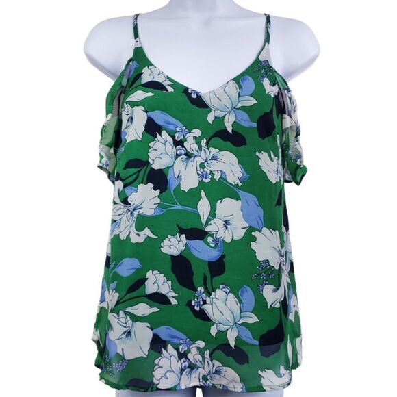 Japna Tops - Mesh-layered floral tank with ruffles & spaghetti straps by Japna / Women's XS